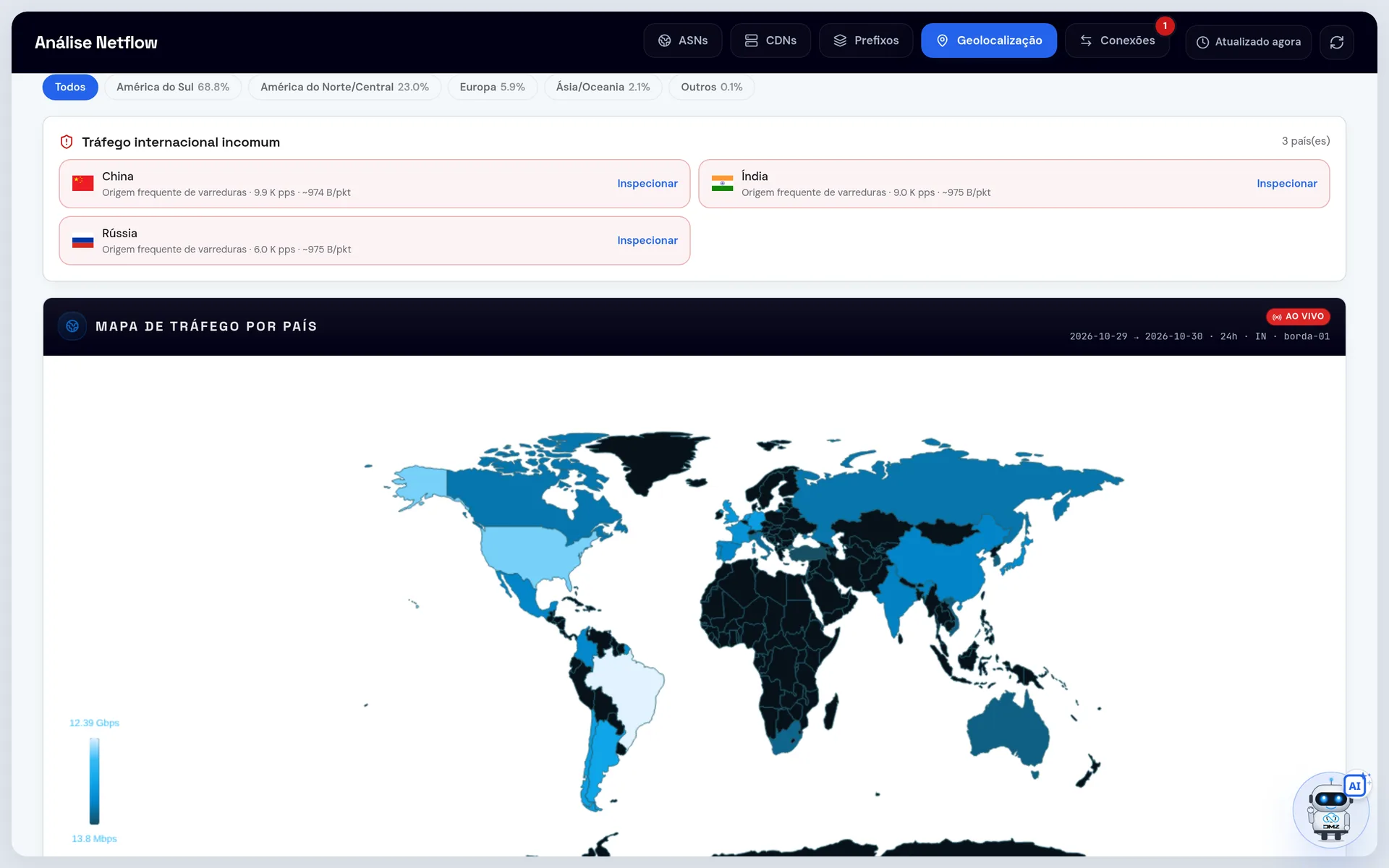 Mapa de tráfego por país e top países por banda e PPS