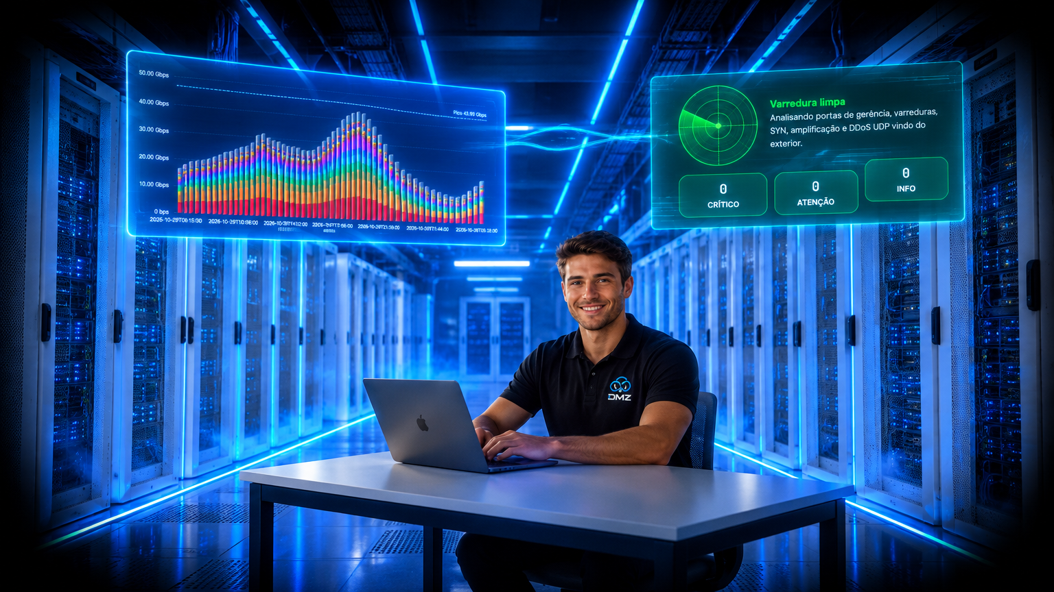 Analista da DMZ no datacenter com painéis do tráfego NetFlow e da varredura Anti-DDoS