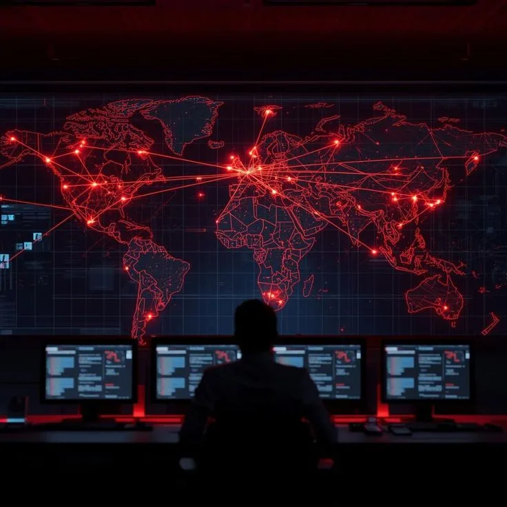 Operador de NOC diante de um mapa-múndi com origens de ataque DDoS convergindo em vermelho